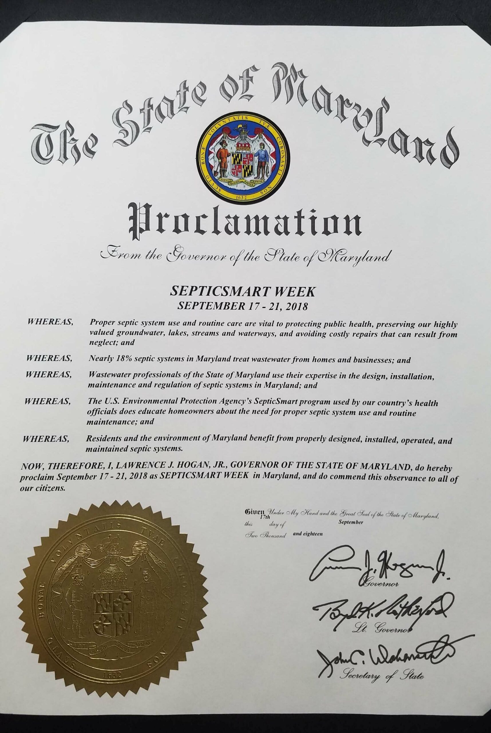 State of Maryland Proclaims SepticSmart Week MOWPA